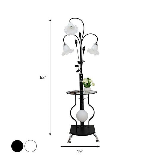 3-Bulb Countryside Metal Floor Light: Elegant Black/White Standing Lamp With Floral Glass Shade