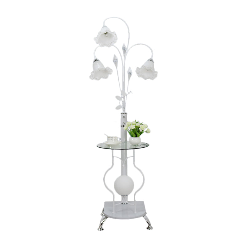 3-Bulb Countryside Metal Floor Light: Elegant Black/White Standing Lamp With Floral Glass Shade