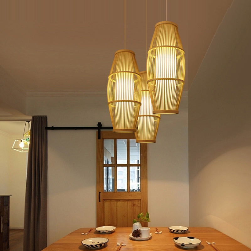 Handmade Bamboo Suspension Light: Asian Ellipse Shade For Restaurant Beige