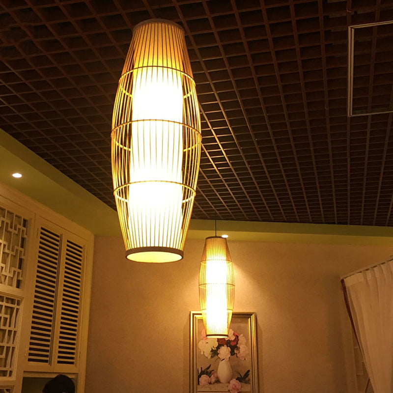 Handmade Bamboo Suspension Light: Asian Ellipse Shade For Restaurant Beige