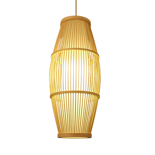 Handmade Bamboo Suspension Light: Asian Ellipse Shade For Restaurant Beige