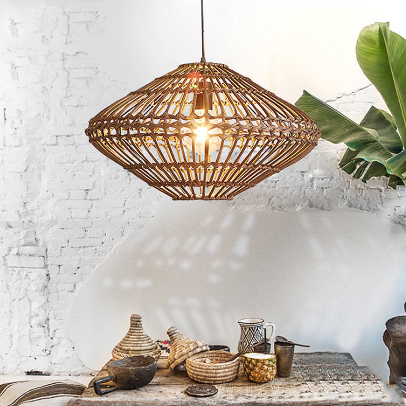 Rattan Disc Pendant Light - Asian Style Single Head Hanging Lamp In Brown