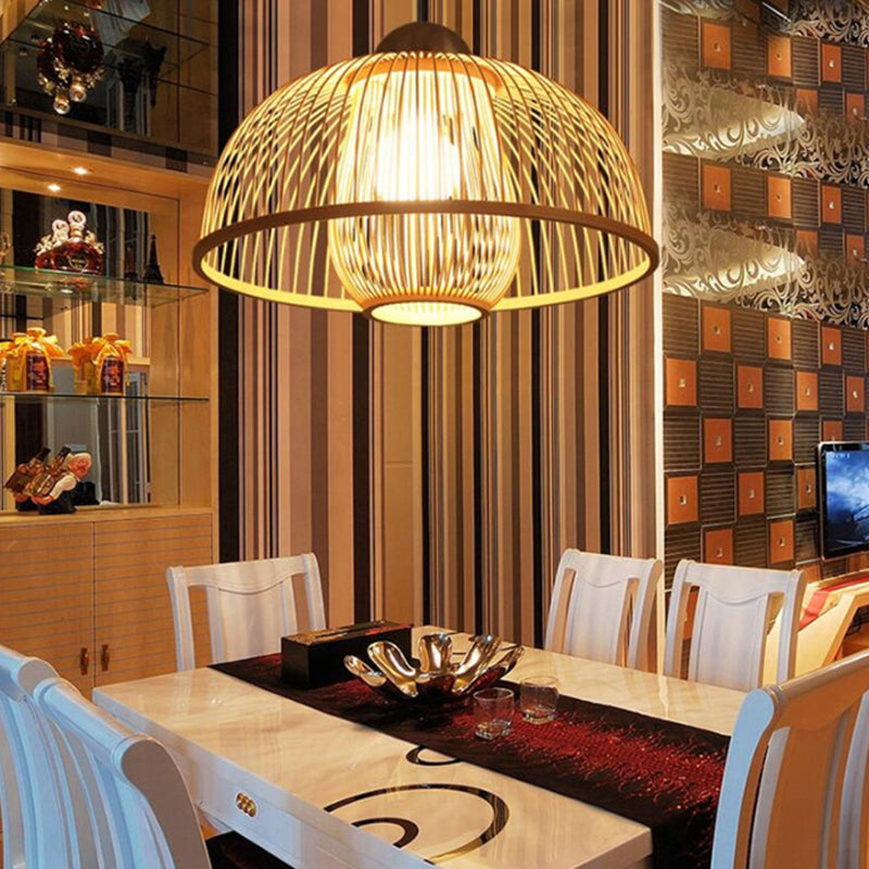 Asian Bamboo Ceiling Drop Light With Single Head Dome Shade - Perfect For Dining Table