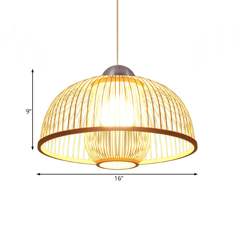 Asian Bamboo Ceiling Drop Light With Single Head Dome Shade - Perfect For Dining Table