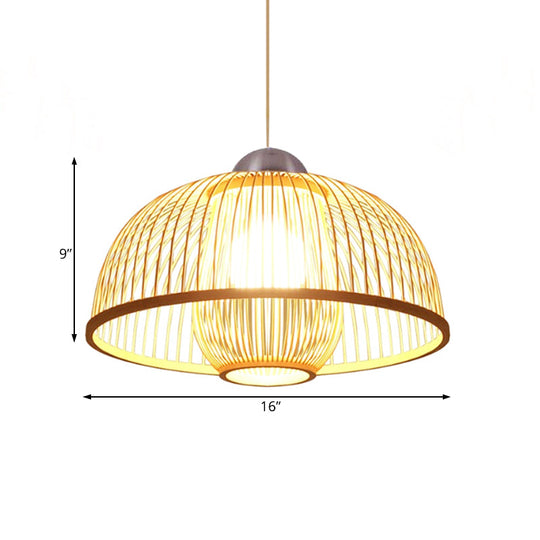 Asian Bamboo Ceiling Drop Light With Single Head Dome Shade - Perfect For Dining Table