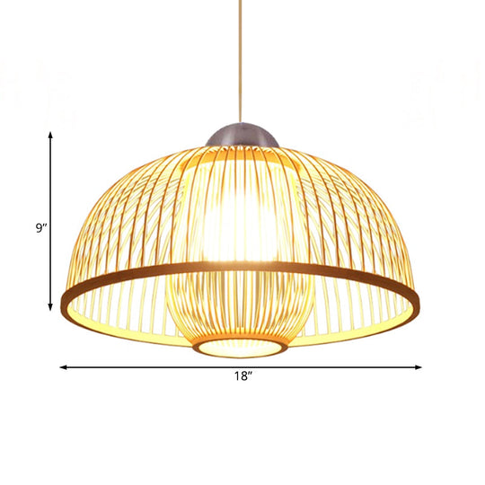 Asian Bamboo Ceiling Drop Light With Single Head Dome Shade - Perfect For Dining Table