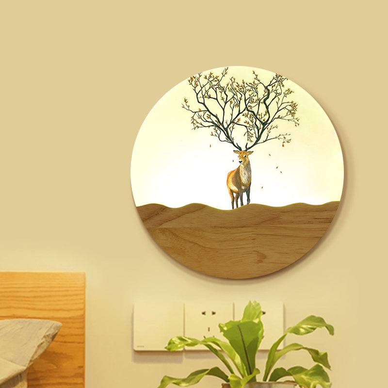 Wood Elk Deer And Tree Pattern Led Bedside Wall Lamp - Minimalist Style With Metal Shade