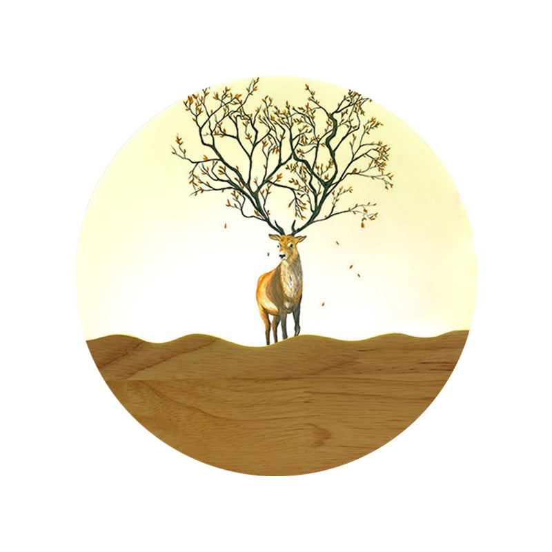 Wood Elk Deer And Tree Pattern Led Bedside Wall Lamp - Minimalist Style With Metal Shade