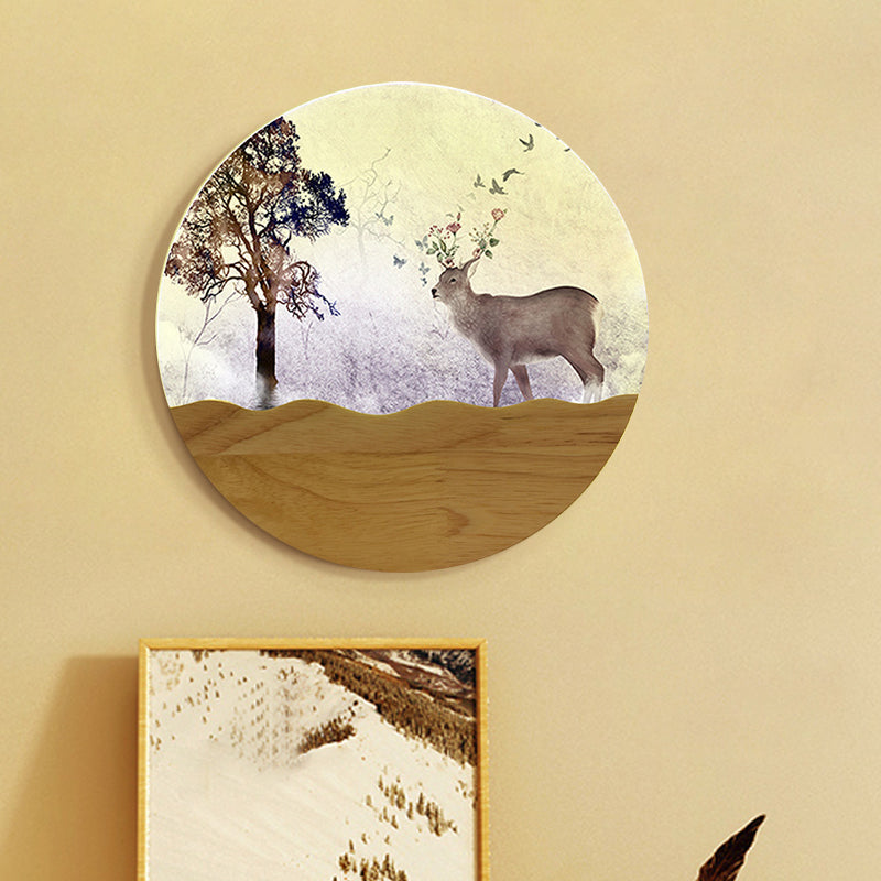 Wood Elk Deer And Tree Pattern Led Bedside Wall Lamp - Minimalist Style With Metal Shade / B