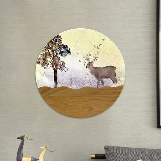 Wood Elk Deer And Tree Pattern Led Bedside Wall Lamp - Minimalist Style With Metal Shade