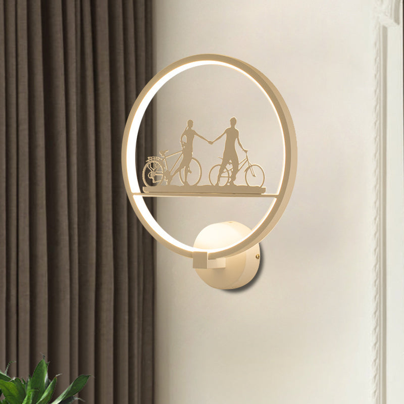 Nordic Led Wall Lamp With Eiffel Tower Or Couple Pattern - White/Black Metal Round Mural Fixture