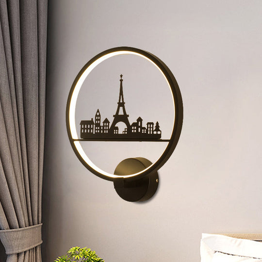 Nordic Led Wall Lamp With Eiffel Tower Or Couple Pattern - White/Black Metal Round Mural Fixture