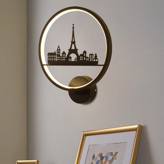 Nordic Led Wall Lamp With Eiffel Tower Or Couple Pattern - White/Black Metal Round Mural Fixture