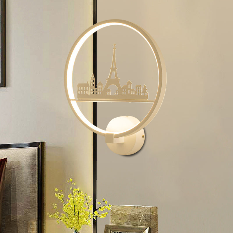 Nordic Led Wall Lamp With Eiffel Tower Or Couple Pattern - White/Black Metal Round Mural Fixture