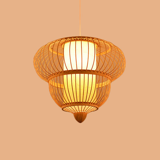 Restaurant Asian Bamboo Hanging Pendant Light Beige Lantern Style - Single Head 16/19.5 Diameter