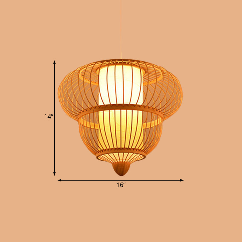 Restaurant Asian Bamboo Hanging Pendant Light Beige Lantern Style - Single Head 16/19.5 Diameter