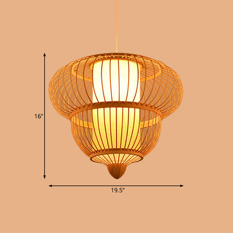 Restaurant Asian Bamboo Hanging Pendant Light Beige Lantern Style - Single Head 16/19.5 Diameter