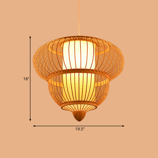 Restaurant Asian Bamboo Hanging Pendant Light Beige Lantern Style - Single Head 16/19.5 Diameter