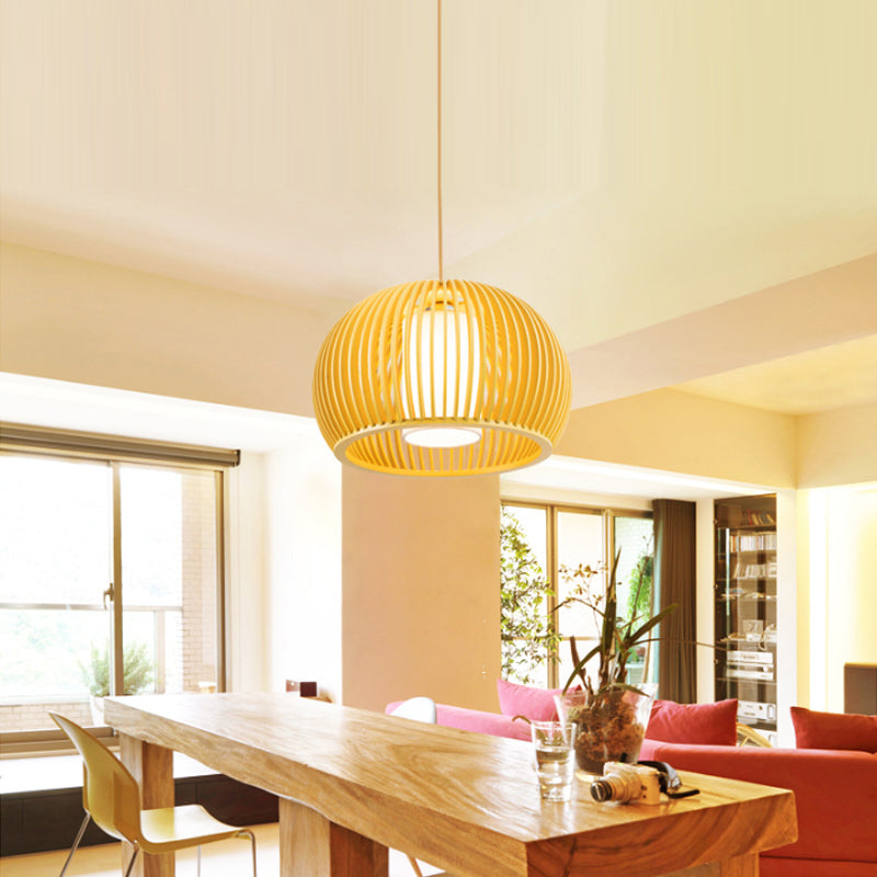 Modern Asian Pendant Light: Wooden Dome Shade For Restaurant Dining Room