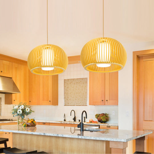 Modern Asian Pendant Light: Wooden Dome Shade For Restaurant Dining Room