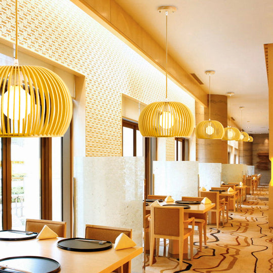 Modern Asian Pendant Light: Wooden Dome Shade For Restaurant Dining Room