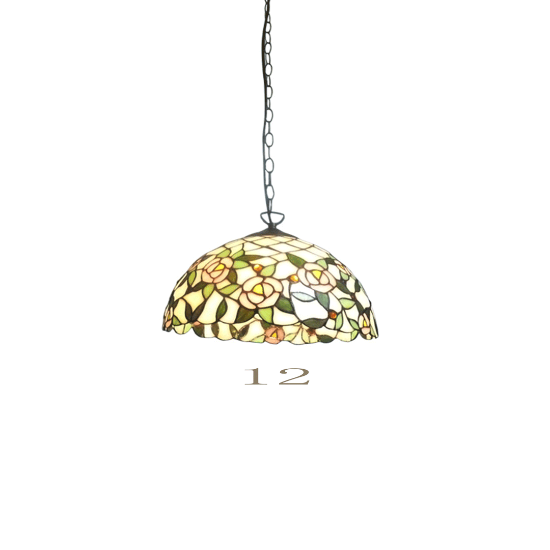 Tiffany-Style Beige Ceiling Pendant Light With Stained Glass Shade - 1 Bulb Bedroom Hanging Lamp