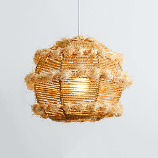 Rustic Rattan Globe Pendant Light In Beige/Black For Table