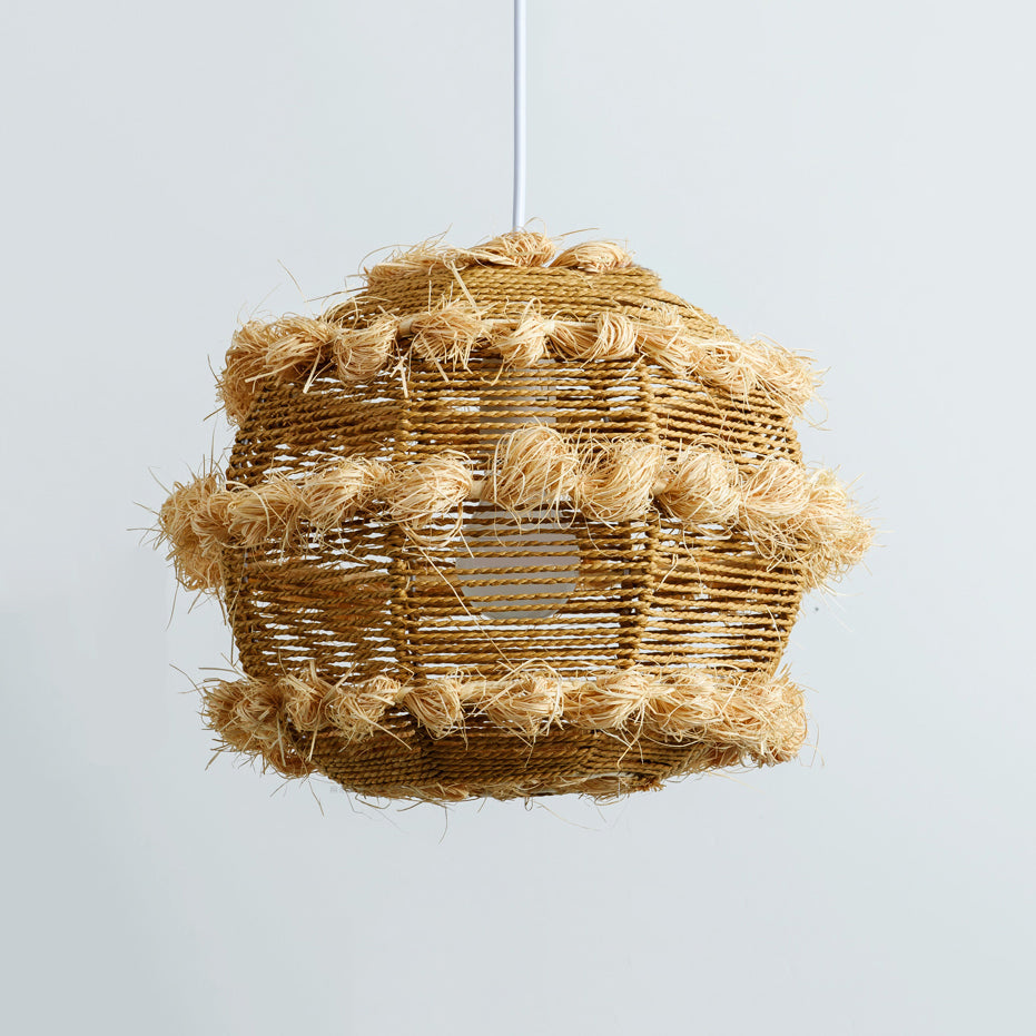 Rustic Rattan Globe Pendant Light In Beige/Black For Table