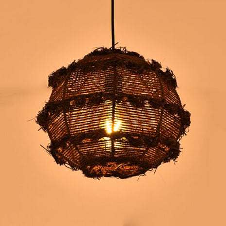 Rustic Rattan Globe Pendant Light In Beige/Black For Table