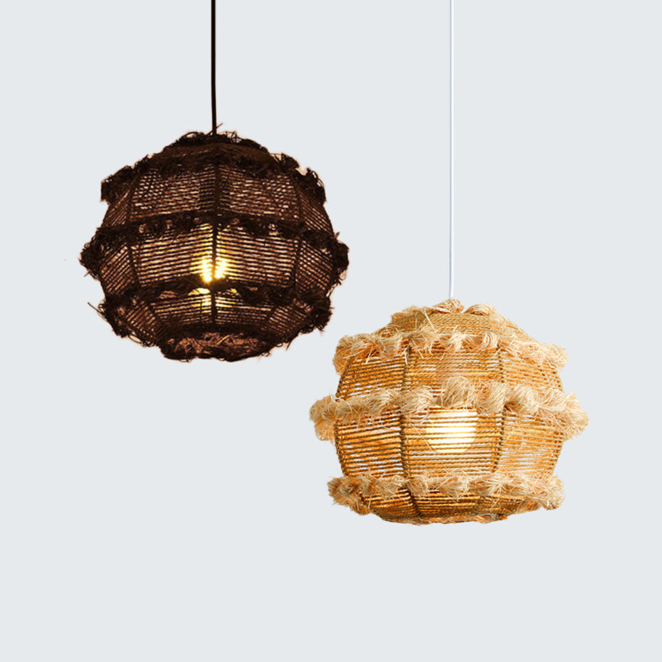 Rustic Rattan Globe Pendant Light In Beige/Black For Table