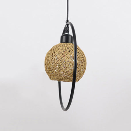 Rustic Rattan Ball Shade Hanging Light - Beige/White Single Pendant Lamp With Black Metal Ring Beige