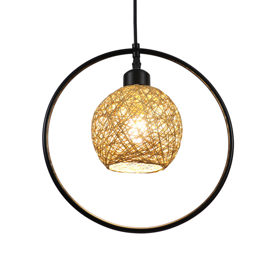 Rustic Rattan Ball Shade Hanging Light - Beige/White Single Pendant Lamp With Black Metal Ring