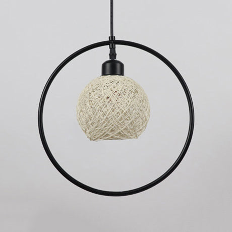 Rustic Rattan Ball Shade Hanging Light - Beige/White Single Pendant Lamp With Black Metal Ring