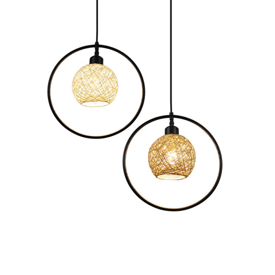 Rustic Rattan Ball Shade Hanging Light - Beige/White Single Pendant Lamp With Black Metal Ring