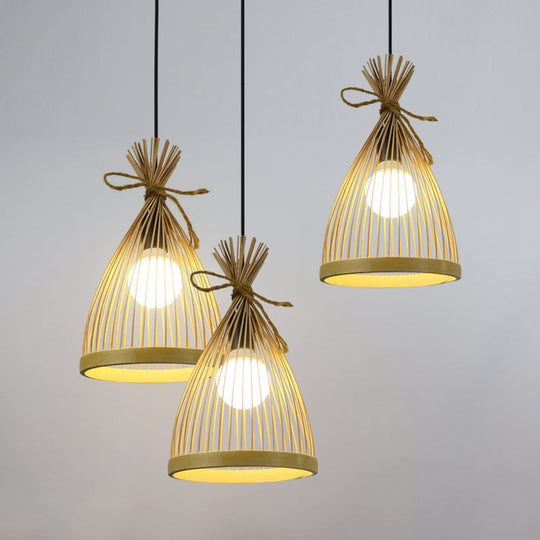 Stylish Asian Pendant Lighting: Black/Beige Conical Shade With Bamboo Accents - 3 Lights