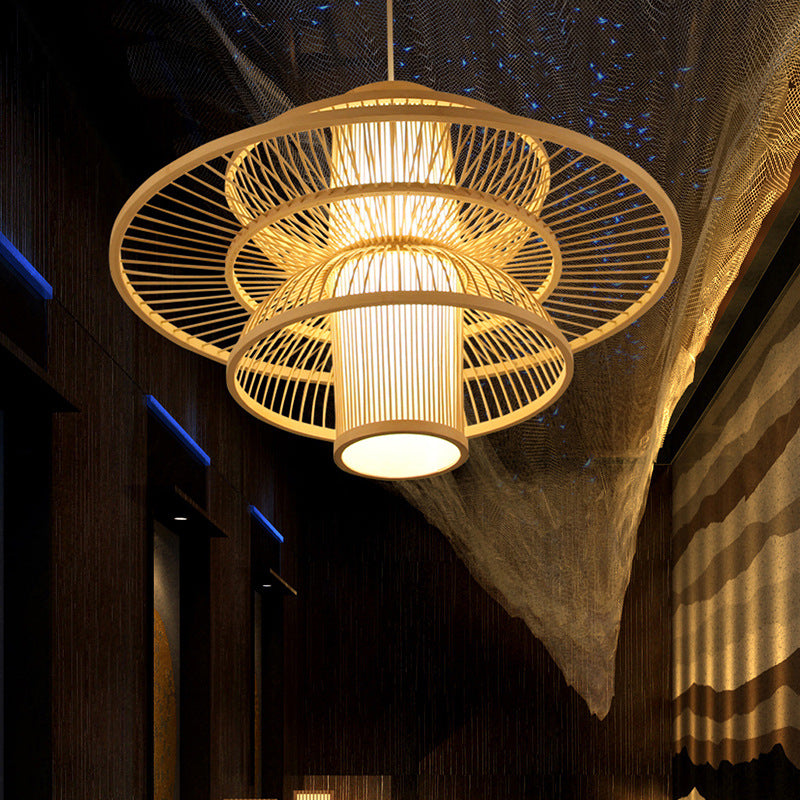 Asian Style Lotus Pendant Lamp - 16/19.5 Bamboo 1 Light Black/Beige Ideal For Restaurant Lighting