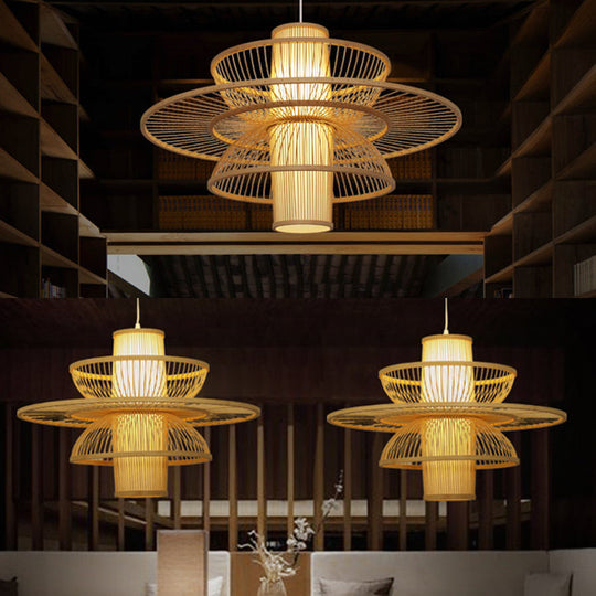 Asian Style Lotus Pendant Lamp - 16/19.5 Bamboo 1 Light Black/Beige Ideal For Restaurant Lighting