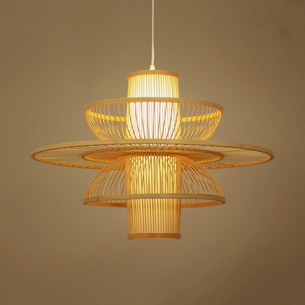 Asian Style Lotus Pendant Lamp - 16/19.5 Bamboo 1 Light Black/Beige Ideal For Restaurant Lighting