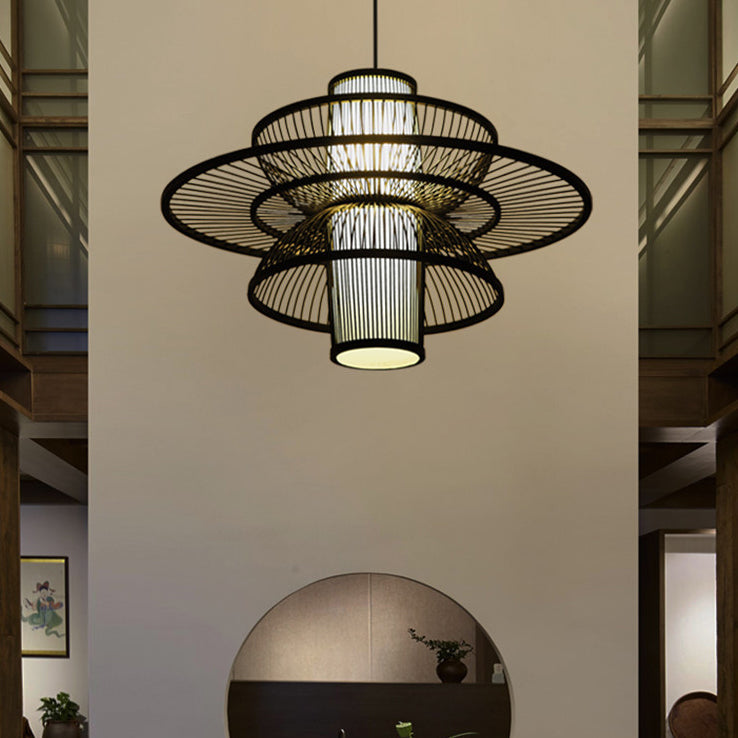 Asian Style Lotus Pendant Lamp - 16/19.5 Bamboo 1 Light Black/Beige Ideal For Restaurant Lighting