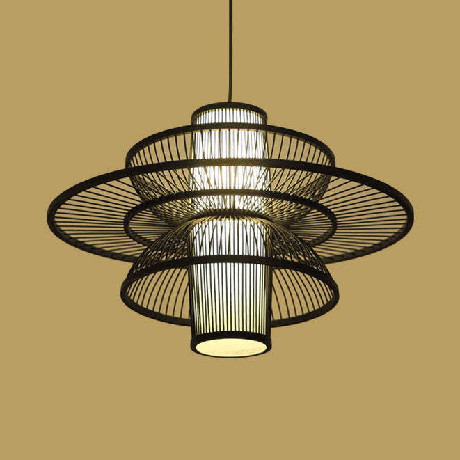 Asian Style Lotus Pendant Lamp - 16/19.5 Bamboo 1 Light Black/Beige Ideal For Restaurant Lighting