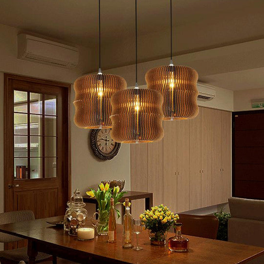 Asian Style Woven Shade Pendant Lamp With Corrugated Paper Design