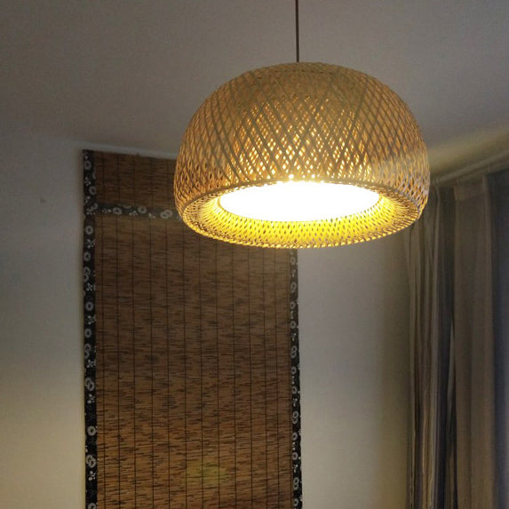 Rustic Rattan Pendant Light With Dome Shade For Dining Rooms Hand-Woven 7-7.5W Beige 1 Bulb. / 12