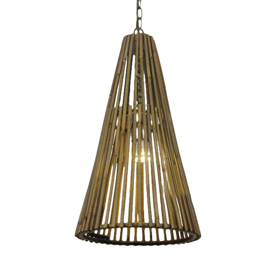 Vintage Bamboo Stick Cone Pendant Light - Natural Wood Suspension Lamp With Adjustable Chain