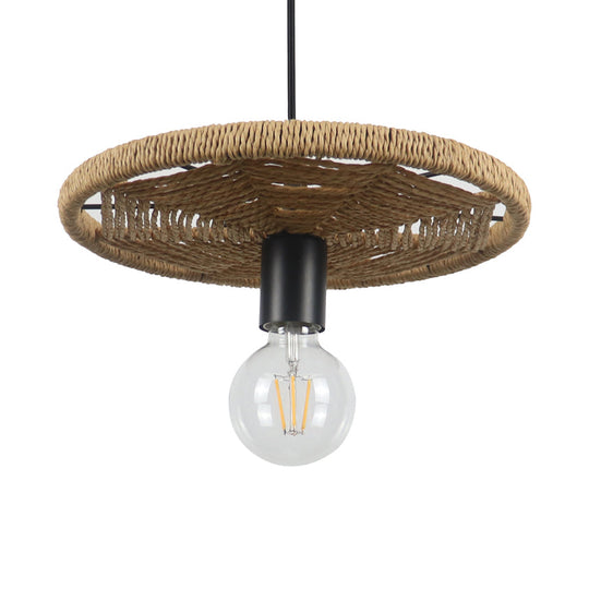 Modern Rattan Pendant Lamp Round Shape Beige 1 Head Open Bulb