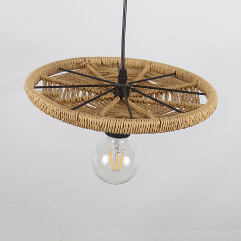 Modern Rattan Pendant Lamp Round Shape Beige 1 Head Open Bulb