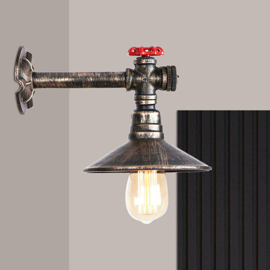 Antique Bronze Water Pipe Wall Light With Cone Shade - Industrial Loft Lighting