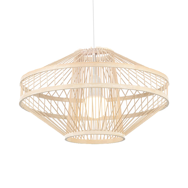 Bamboo Modernist Style Ceiling Fixture - Flying Saucer Design 16/19.5 Width 1-Bulb Wood Pendant Lamp