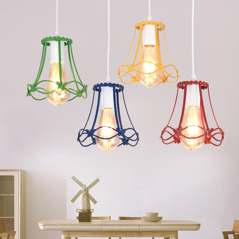 Wire Cage Mini Pendant Lamp In Blue/Green/Yellow - Modern Metal Hanging Ceiling Light Red