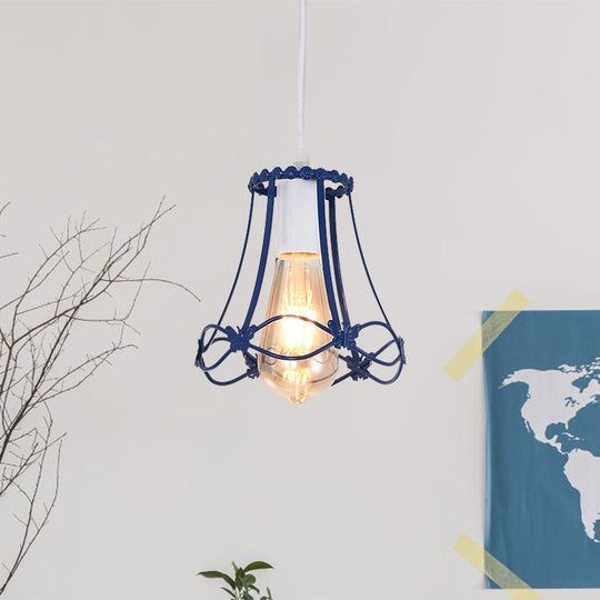 Wire Cage Mini Pendant Lamp In Blue/Green/Yellow - Modern Metal Hanging Ceiling Light