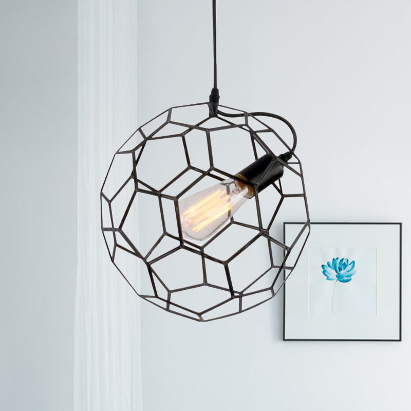 Height Adjustable Simple Black Metal Wire Cage Pendant Light with Honeycomb Design